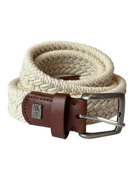 Dockers Men's Cream Woven Cotton Belt with Brown Leather Trim size 38